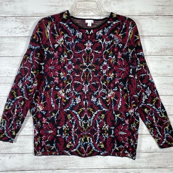J.Jill Jacquard Tapestry Wine Floral Tunic Sweater Pullover Cotton Blend Sz MP - Picture 2 of 5